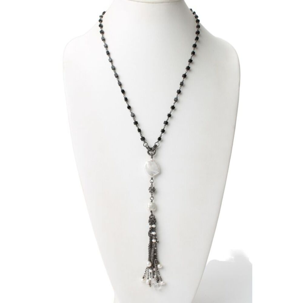 Designer Womens 925 Silver Onyx+Pearl+Rock Crystal Tassel Necklace 30" 46.4g